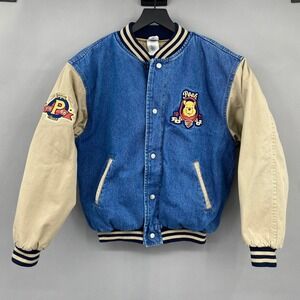 Disney Catalog Winnie the Pooh Vintage Denim Varsity Jacket Blue Tan size Small
